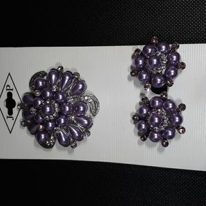 Faux Lavender/Silver Pearl & Crystal Brooch/Clip Earring Set